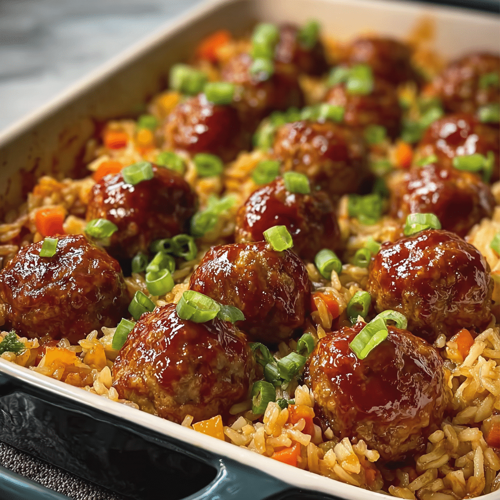 Honey Garlic Meatball Rice Bake Recipe - Recipe Image