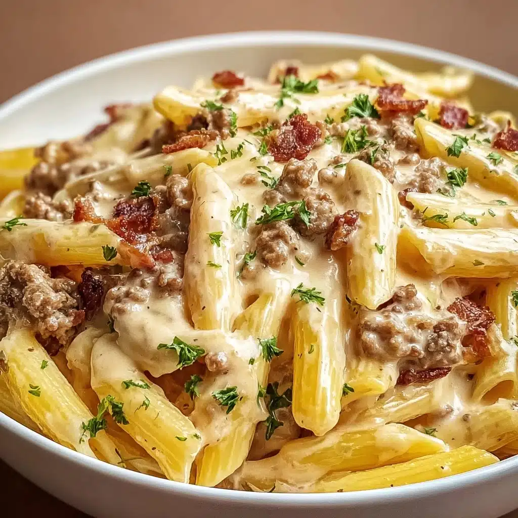 Loaded turkey Bacon Cheeseburger Alfredo Pasta Recipe - Recipe Image