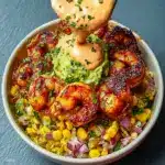 Grilled Shrimp Bowl with Avocado, Corn Salsa & Creamy Sauce Recipe