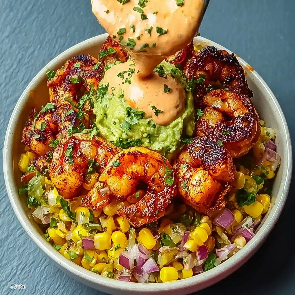 Grilled Shrimp Bowl with Avocado, Corn Salsa & Creamy Sauce Recipe