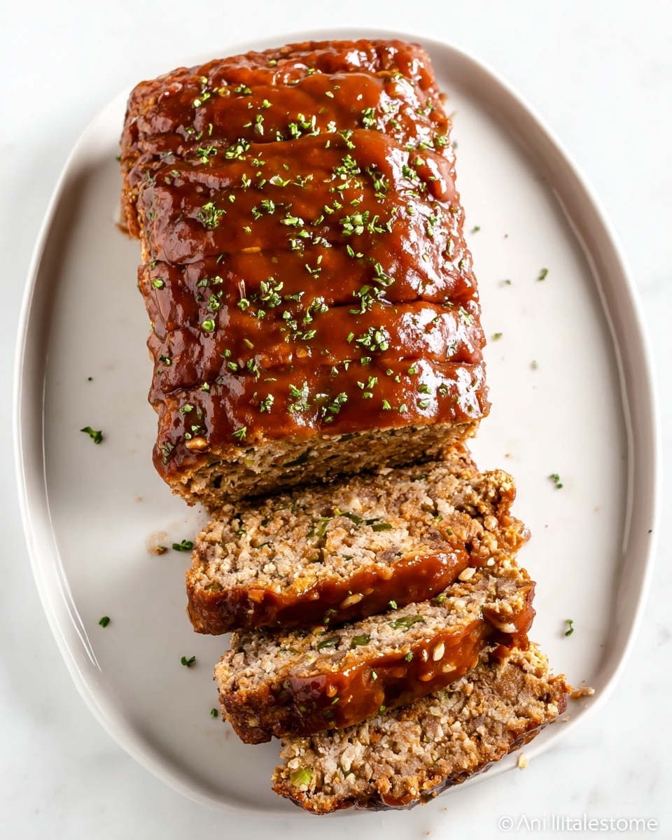 A loaf of meatloaf is on a white plate placed on a white marbled surface. The meatloaf is sliced into four thick pieces, showing a dense texture mixed with small bits of onion throughout. The top layer is covered with a thick, glossy brown sauce sprinkled with green herbs. A silver fork with floral details rests on the right side of the plate, angled slightly outward. In the background, there is a blurred bunch of fresh green parsley on a cloth with black and white checkered pattern. Photo taken with an iphone --ar 4:5 --v 7