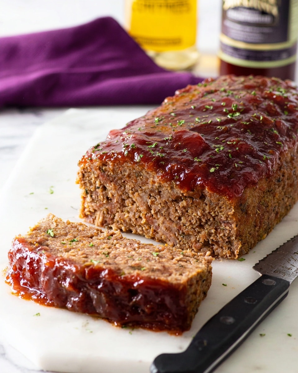 A thick rectangular meatloaf sits on a white plate over a white marbled surface. The meatloaf has two main layers: a brown, textured meat base with a slightly rough surface, and a shiny reddish-brown layer of sauce spread evenly on top, glistening under the light. Small green herb flakes are sprinkled over the sauce. To the side of the plate, there is a knife with a black handle and three white dots. In the background, a purple cloth folds gently on the white marbled surface. Photo taken with an iphone --ar 4:5 --v 7