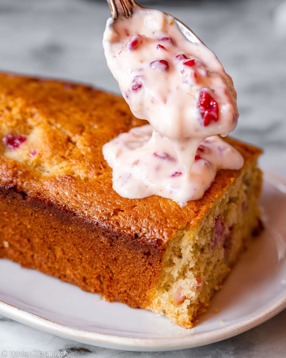 A close-up view of a thick slice of golden brown cake with a rough, slightly cracked top layer showing bits of fruit inside; on top there is a spoon holding a creamy, pale pink spread with small bright red fruit pieces, dripping gently onto the cake's surface. The cake sits on a white plate against a white marbled textured surface. photo taken with an iphone --ar 4:5 --v 7