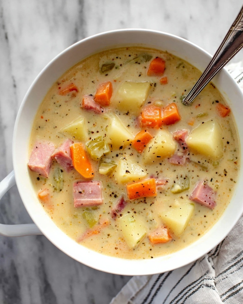 A white bowl filled with creamy soup that has a thick, light beige broth with visible black pepper and herbs. Inside the soup are chunky pieces of light yellow potato, bright orange carrot slices, small pink cubes of ham, and bits of green celery. A silver spoon sits inside the bowl on the right side, partially submerged in the soup. The bowl is placed on a white marbled surface with a part of a white and black striped cloth visible underneath. photo taken with an iphone --ar 4:5 --v 7