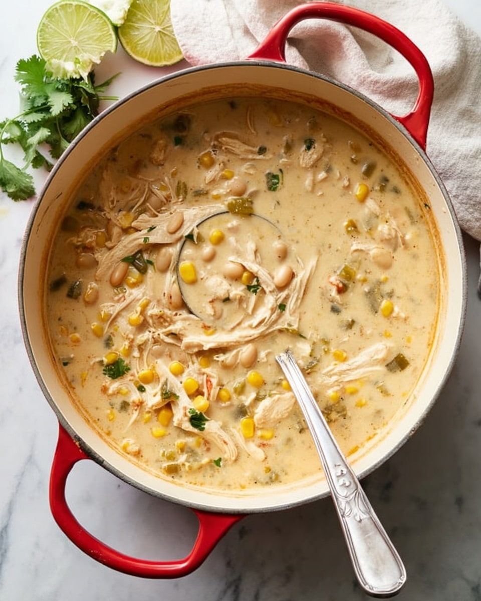 A white pot with red handles holds a thick creamy soup with visible shredded chicken, yellow corn, white beans, and small green pieces, likely peppers or herbs, mixed evenly throughout the beige broth. A large silver ladle rests in the pot on the right side, partially filled with the soup. The pot sits on a white marbled surface with a folded light cloth nearby and several lime wedges and green parsley leaves in the upper left corner of the image. photo taken with an iphone --ar 4:5 --v 7