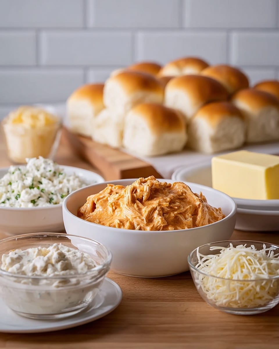 The image shows a white bowl full of creamy shredded chicken mixed with a rich orange sauce, placed at the center. To the left, there is a smaller white bowl with a thick white creamy sauce with green herbs and a small white bowl with thin shredded cheese. To the right of the chicken, there is a small glass bowl filled with shredded white cheese next to a white plate holding a block of light yellow butter. In the background, on a wooden board, there are eight soft white dinner rolls stacked in two rows. The whole arrangement is on a wooden surface with a blurred white tiled wall behind, but the focus is on the bowls and ingredients at the front. photo taken with an iphone --ar 4:5 --v 7