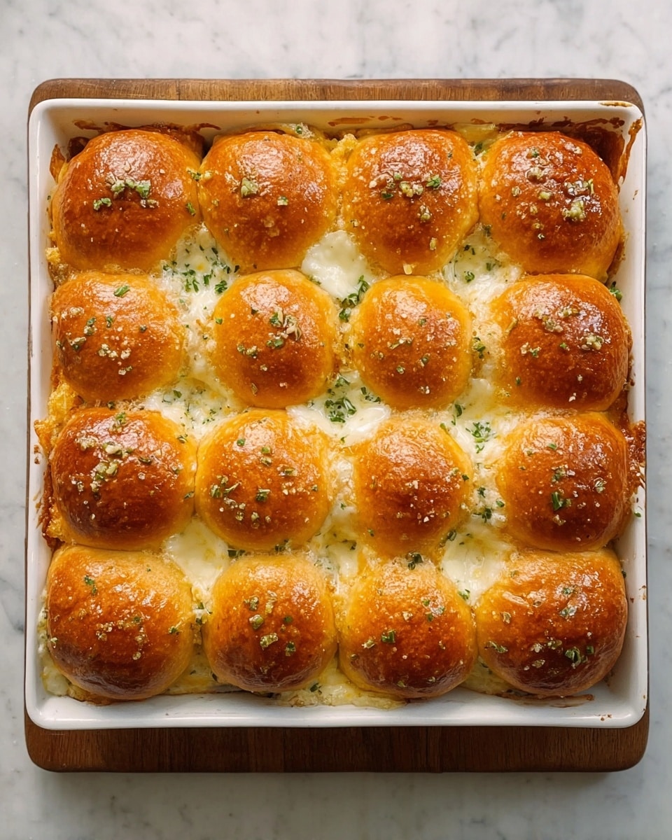 A rectangular white baking dish filled with 15 soft, golden brown dinner rolls arranged in three rows of five; the rolls are shiny with a slightly crispy top and sprinkled with small green herb pieces. Between the rolls, melted white cheese oozes out, covering the base and filling the spaces, giving a creamy contrast to the warm, browned bread. The dish rests on a wooden board placed on a white marbled surface. Photo taken with an iphone --ar 4:5 --v 7