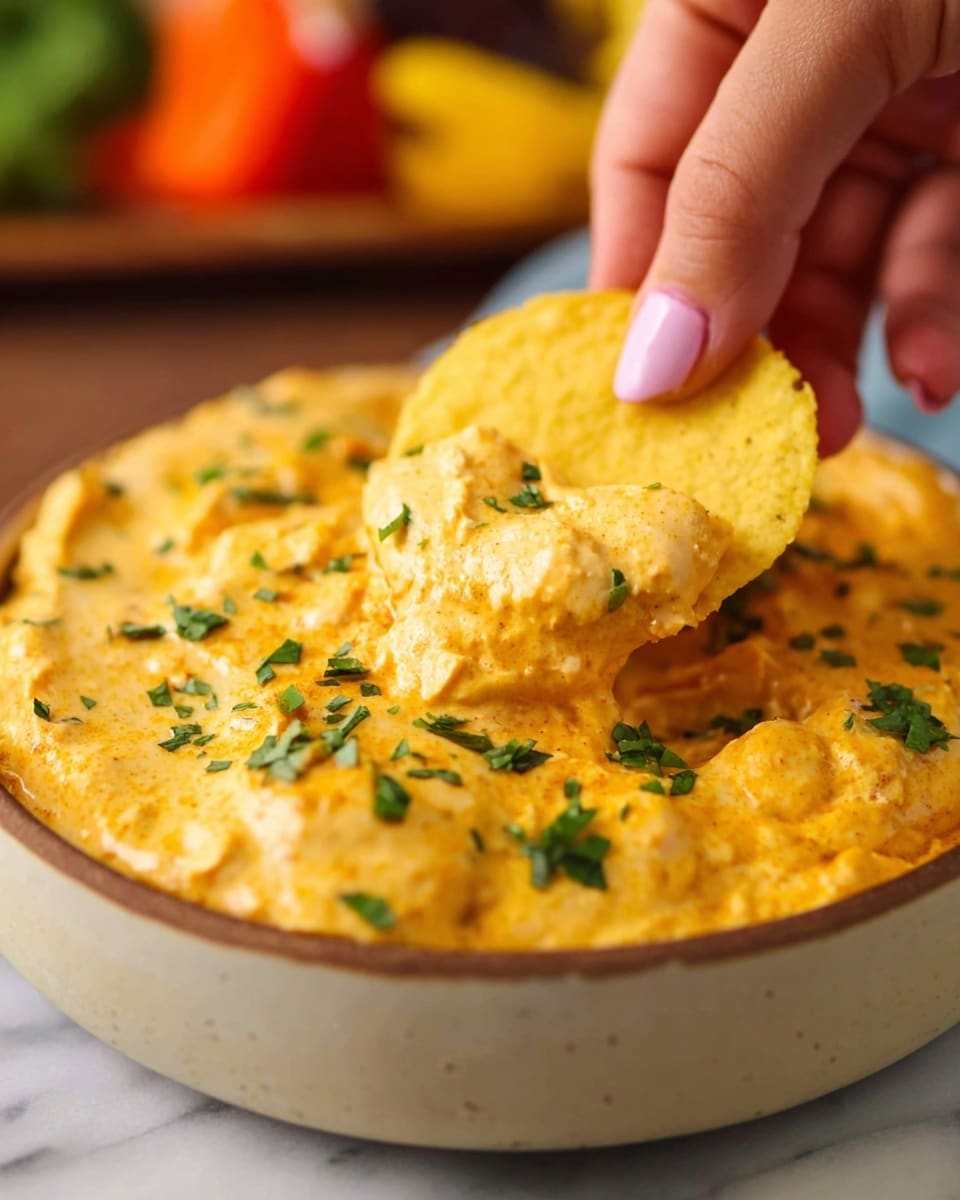 A close-up image shows a round white bowl filled with a thick, creamy dip that is a bright orange-yellow color with a smooth and slightly chunky texture. The dip is sprinkled with small pieces of fresh green herbs evenly spread on top. A woman's hand with light pink painted nails is dipping a round, golden-yellow tortilla chip into the dip, partially covered by it. The bowl sits on a white marbled surface, and blurred colorful vegetables are faintly visible in the background. The focus is on the chip dipped into the rich, creamy dip with visible texture and herbs. photo taken with an iphone --ar 4:5 --v 7
