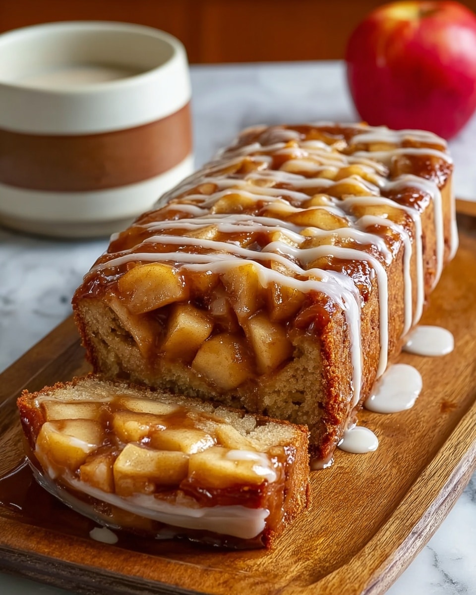 A loaf-shaped apple dessert sits on a wooden board, showing one thick slice cut and slightly pulled forward to reveal its layers. The bottom layer is a golden-brown crust with a slightly rough texture. Above this is a thick layer filled with chunky, shiny apple pieces coated in a sticky, light brown cinnamon sauce. The entire top is covered with a glossy brown layer, and a white glaze is drizzled in thin stripes evenly across the top. In the background, a white bowl with a brown band containing a white liquid and a red apple sit on a white marbled surface. photo taken with an iphone --ar 4:5 --v 7