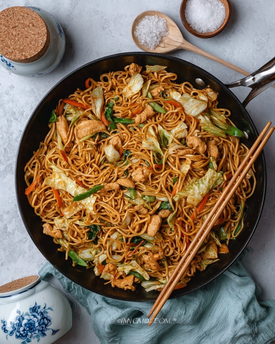 The image shows a large black pan filled with stir-fried noodles mixed with pieces of cooked chicken, green bean slices, carrot strips, and light green cabbage leaves evenly spread throughout. The noodles are golden-brown and look slightly glossy, covering most of the pan. Two wooden chopsticks rest on the noodles near the bottom right side of the pan. Around the pan, there is a white bowl with coarse salt and a small wooden spoon above it, a white container with a cork lid on the top left, and a white ceramic jar with blue floral designs on the bottom right. A light blue cloth is draped under the lower left edge of the pan, all set on a white marbled textured surface. photo taken with an iphone --ar 4:5 --v 7