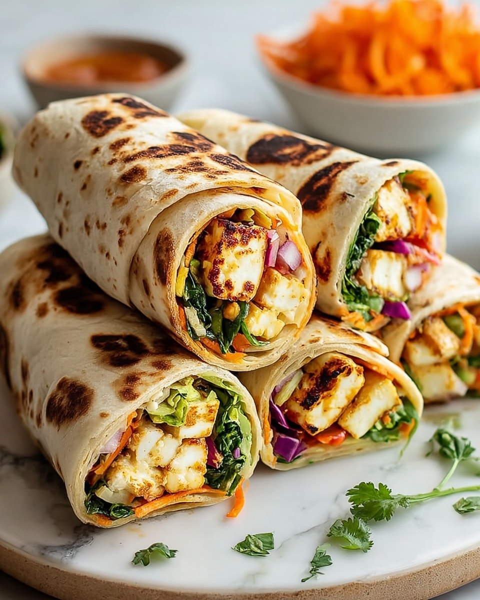 Three grilled wraps stacked on a white plate with a white marbled texture surface. Each wrap shows a visible cross-section filled with three layers: the first layer is golden-brown grilled paneer cubes with dark char marks; the second layer is fresh green lettuce leaves mixed with some leafy cilantro; the third layer is thin slices of purple onion and small bits of orange carrot. The wraps have a lightly toasted outer shell with dark brown char spots. A small sprig of cilantro lies beside the wraps on the plate. Photo taken with an iphone --ar 4:5 --v 7
