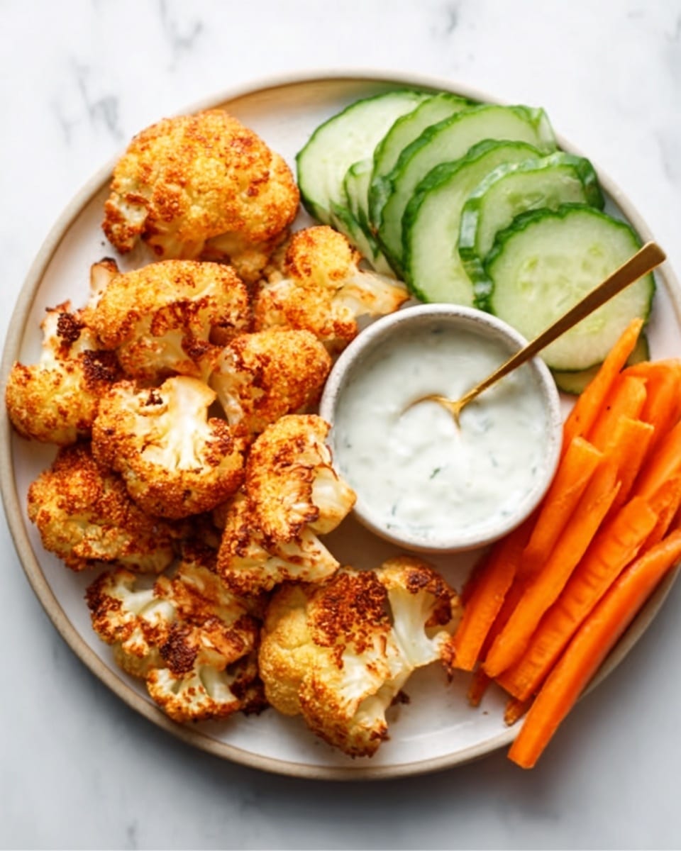 The image shows a white round plate with five pieces of roasted cauliflower, each with a crispy, golden-brown surface and a slightly rough texture, placed on the left side of the plate. To the right of the cauliflower, there is a small white bowl filled with a smooth, white sauce, with a gold spoon partially inside it. Next to the bowl, there are thin slices of green cucumber with a fresh, slightly shiny surface, arranged in a neat stack overlapping each other. To the far right, there are several orange carrot sticks, cut into long, thin pieces. The plate sits on a white marbled surface. Photo taken with an iphone --ar 4:5 --v 7