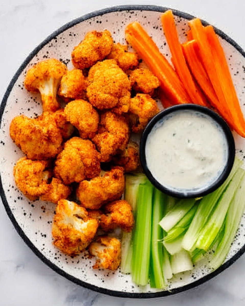 A white plate with black speckled edges holds a serving of golden-brown buffalo cauliflower bites arranged around one side. On the opposite side of the plate, fresh bright green celery sticks and vibrant orange carrot sticks lie neatly side by side. A small black bowl filled with creamy white ranch sauce sits near the celery and carrots. The white marbled surface underneath adds a clean and fresh look. Photo taken with an iphone --ar 4:5 --v 7