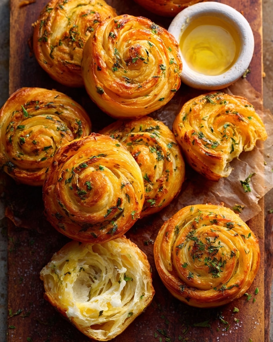 A wooden box filled with golden-brown spiral rolls that have multiple thin flaky layers clearly visible. The top layers show a light crispy texture with small bits of chopped garlic and green herbs sprinkled on them. The rolls are tightly packed inside the box, which is lined with light brown parchment paper. The background shows a white marbled texture surface with more rolls slightly out of focus. A small bowl with green sauce is partially visible in the top left corner. photo taken with an iphone --ar 4:5 --v 7