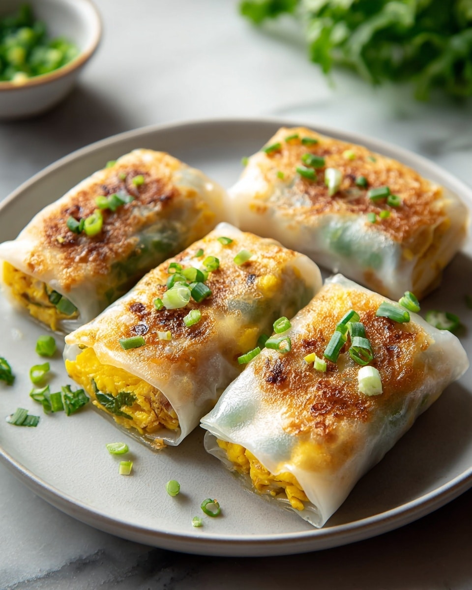 Four rectangular spring rolls are arranged on a white plate, each with a thin, translucent rice paper wrap that shows a bright yellow filling inside, likely scrambled eggs. The top of each roll is golden brown and slightly crispy from being pan-fried, with green herbs or chopped scallions scattered on top and around the plate. The rolls have a soft, smooth texture on the sides, while the browned tops create a contrast. The plate sits on a white marbled surface, with some green herbs blurred softly in the background. Photo taken with an iphone --ar 4:5 --v 7