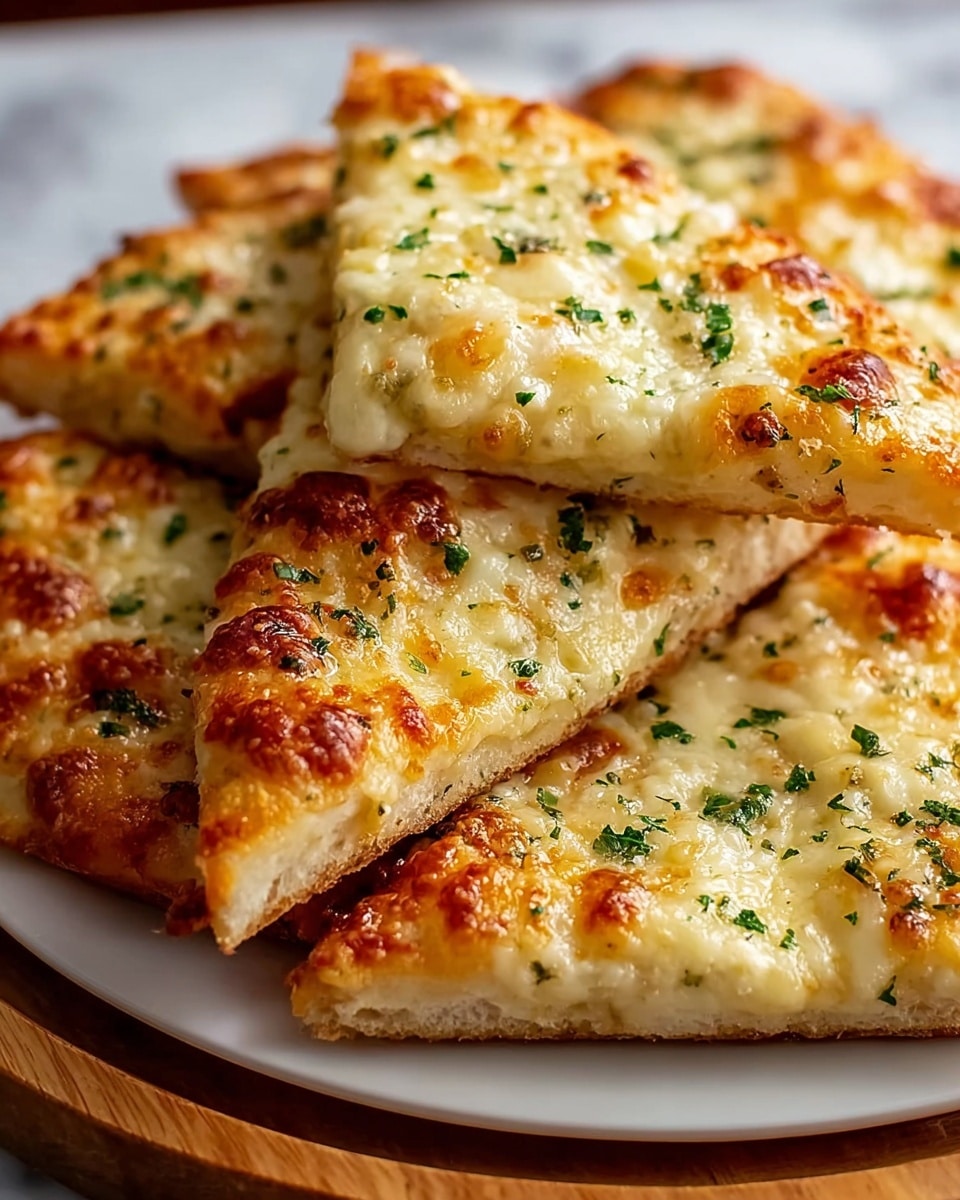The image shows a white plate on a white marbled surface filled with eight triangular slices of cheesy garlic bread. Each slice has a golden-brown, bubbly top layer of melted cheese sprinkled with green parsley bits. The texture of the cheese looks stretchy and gooey, especially between the slices. Beneath the cheese, the bread layer is light beige with slightly toasted edges. The slices are arranged overlapping each other, creating a full look on the plate. Photo taken with an iphone --ar 4:5 --v 7