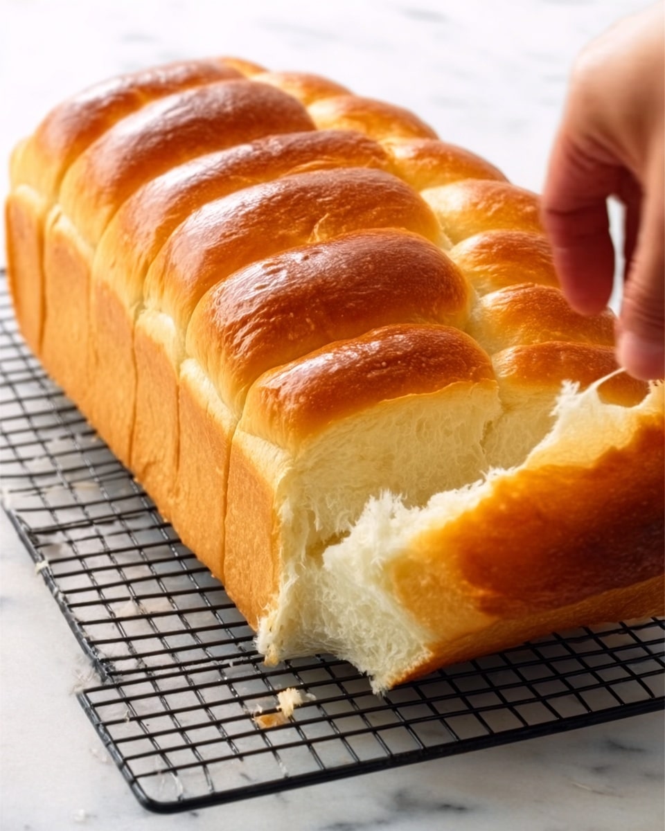 A fresh loaf of soft bread is placed on a black cooling rack over a white marbled surface. The bread is golden brown on top with a shiny, smooth crust. It is made of several clearly defined layers, each one fluffy and white inside. A woman's hand is gently pulling apart one section of the bread showing the soft, stretchy texture inside. The loaf looks pillowy and light with evenly spaced ridges along the top. Photo taken with an iphone --ar 4:5 --v 7