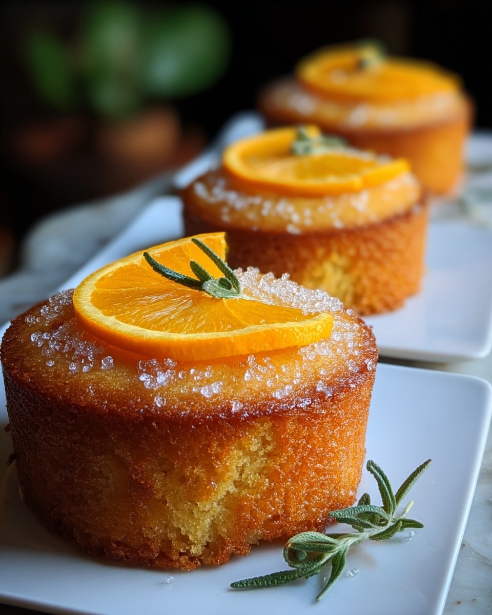 A single golden brown muffin with a slightly textured top, dusted lightly with powdered sugar, sits on a white marbled surface covered with a white parchment paper. On top of the muffin is a thin, translucent slice of orange placed flat, decorated with a small black clove in the center. The background has more muffins, softly blurred, each topped similarly with an orange slice. The lighting is warm and natural, highlighting the crispy edges of the muffin and the glistening surface of the orange slice. photo taken with an iphone --ar 4:5 --v 7
