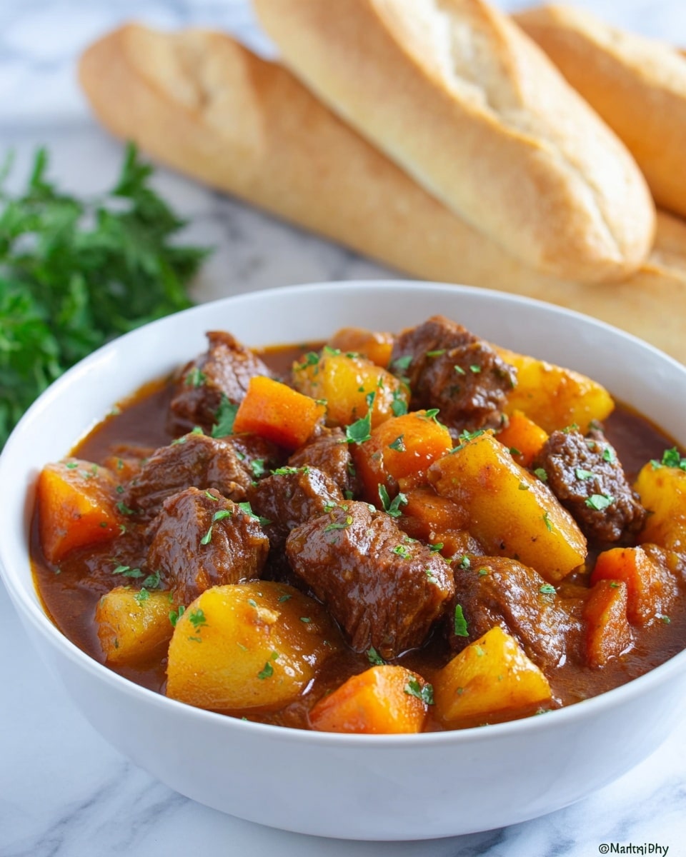 A white bowl filled with a stew showing three main layers: large brown chunks of beef creating a rough texture, soft orange cube pieces of carrot, and golden yellow potato pieces, all coated in a thick, glossy brown sauce. The stew is sprinkled with small green parsley leaves for color contrast and freshness. Behind the bowl, two long white baguettes rest on a white marbled surface along with some green parsley. Photo taken with an iphone --ar 4:5 --v 7