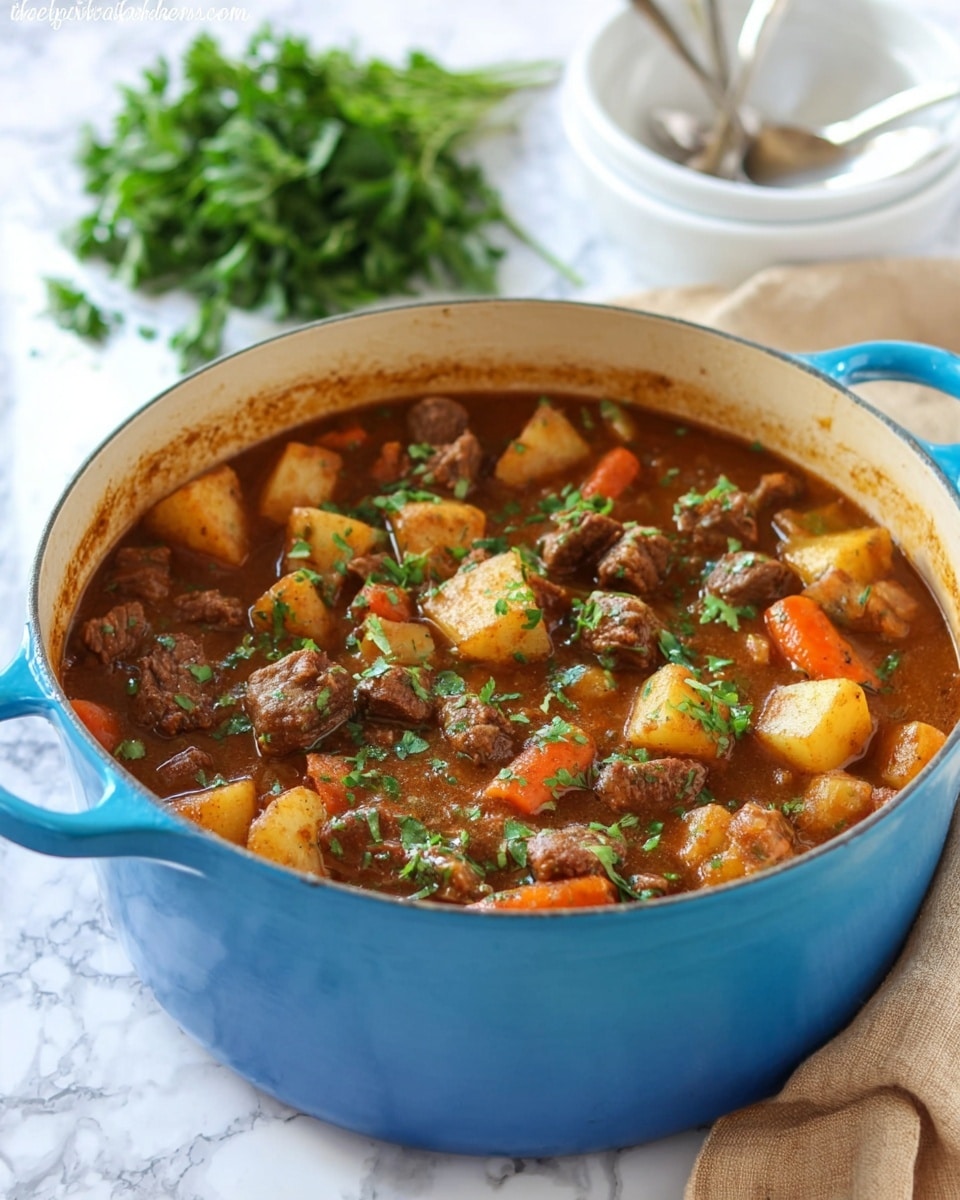 A blue pot filled with a rich stew sits on a white marbled surface. The stew has chunks of brown meat, light yellow potatoes, orange carrots, and light green celery, all mixed in a thick brown sauce. Fresh chopped green herbs are sprinkled on top, adding color contrast. In the background, there is a bunch of fresh green herbs and a white bowl with spoons, resting on a light brown cloth. The scene is bright and inviting. photo taken with an iphone --ar 4:5 --v 7
