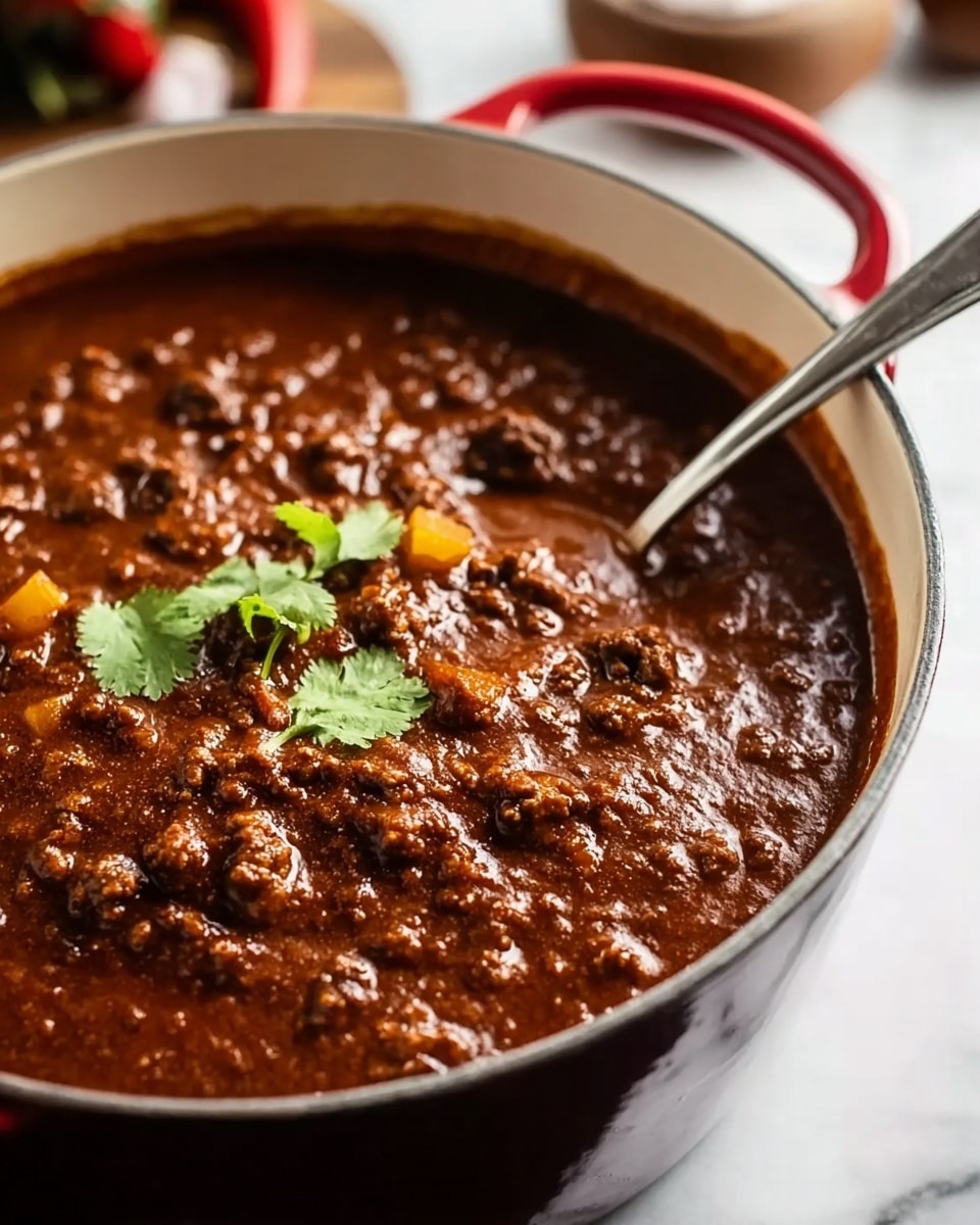 A close-up image of a pot filled with thick, dark brown chili stew made of chunky ground meat and small pieces of yellow vegetables. The stew has a rich, smooth texture with some cilantro leaves placed on top for garnish. A metal spoon is partially dipped into the stew on the right side of the pot. The pot is white with a red handle and rests on a white marbled surface, with blurred elements in the background. Photo taken with an iphone --ar 4:5 --v 7