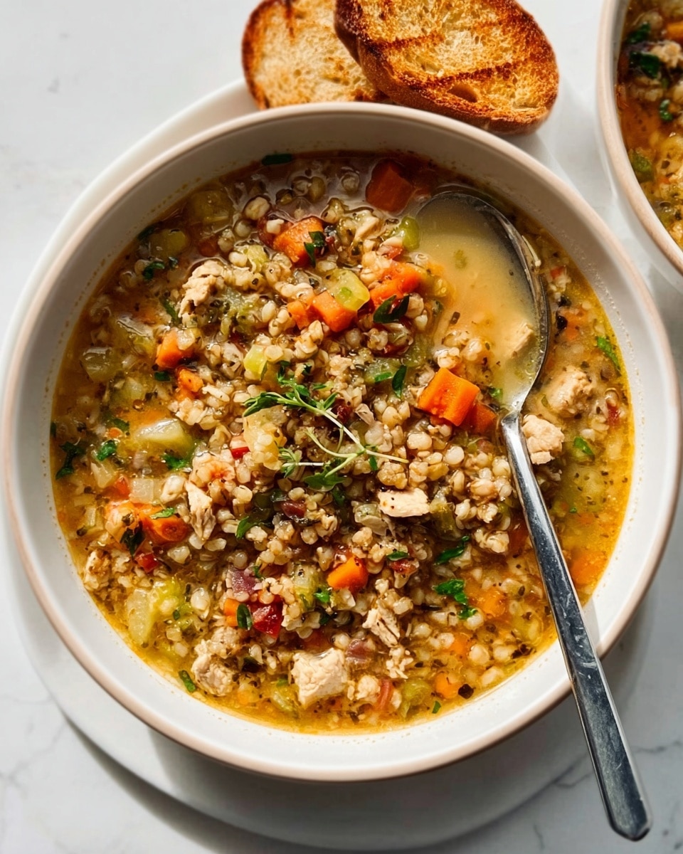 A large white pot filled with a colorful stew showing multiple layers of ingredients. The bottom layer is a rich brown broth with visible bits of cooked ground meat. Above that, there are chunky pieces of orange carrots, diced yellow potatoes, and green celery, all mixed throughout the stew. The texture looks thick and hearty, with soft, cooked vegetables floating on the surface. To the left of the pot are two empty white bowls stacked and a set of three spoons with black handles and gold heads resting on a beige surface. The whole scene sits on a white marbled texture background, with bright natural light highlighting the warm colors of the dish. Photo taken with an iphone --ar 4:5 --v 7
