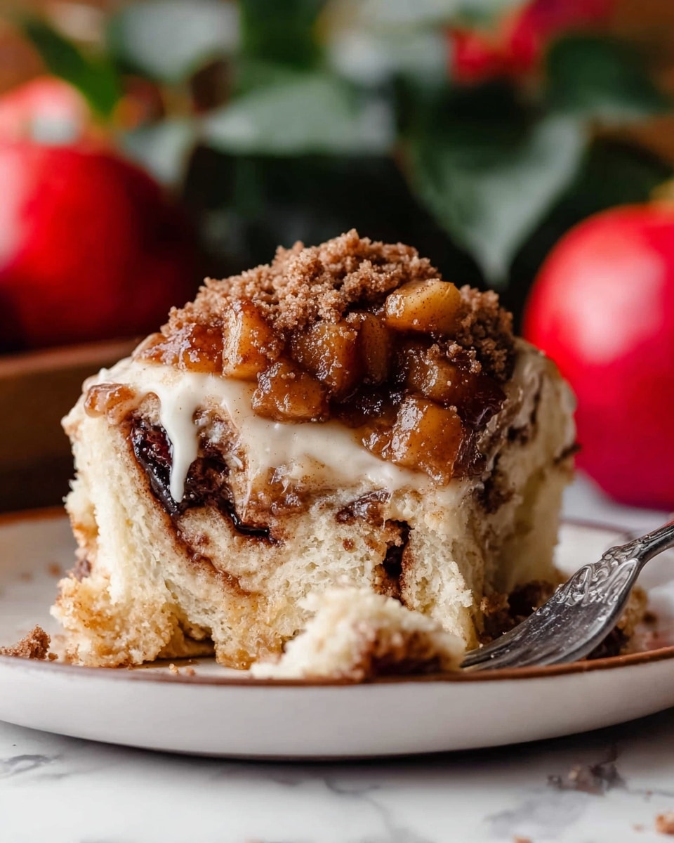 The image shows a close-up of a thick slice of cinnamon roll on a white plate, placed on a white marbled surface. The cinnamon roll has multiple layers starting with a soft, fluffy dough base that is light beige with dark cinnamon swirls inside. There is a creamy, slightly melted icing layer on top, which is thick and off-white in color. On top of the icing, there are generous chunks of caramelized apple in a rich brown sauce with a slightly glossy texture, along with a crunchy sprinkle of brown crumb topping. A silver fork rests on the plate, partially under the roll. The background is softly blurred with red apples and green leaves visible. photo taken with an iphone --ar 4:5 --v 7