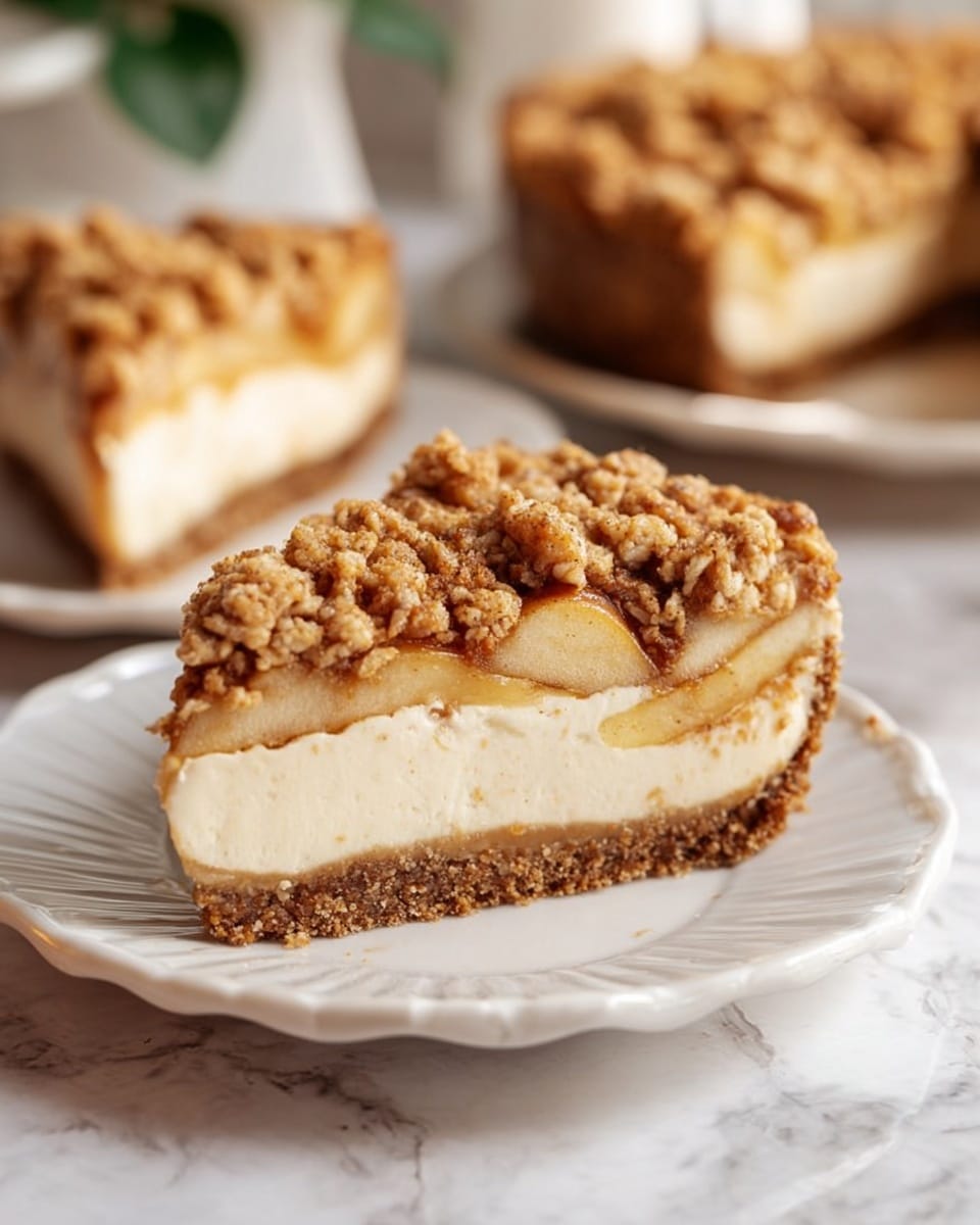 A close-up of a slice of pie with three visible layers on a white scalloped plate placed on a white marbled surface. The bottom layer is a brown crumbly crust. The middle layer is thick, creamy, and pale beige, smooth in texture. The top layer consists of golden-brown baked crumb topping with chunky oat pieces, covering thin slices of soft, cooked apple visible just beneath it. In the background, there are two more slices of the same pie slightly blurred. Photo taken with an iphone --ar 4:5 --v 7