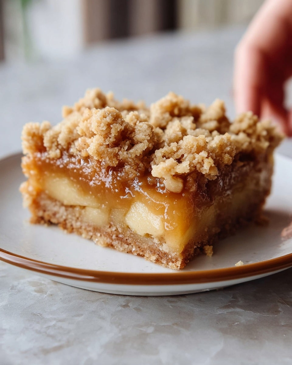 A close-up image of a square apple crumble slice resting on a white plate with a thin brown rim. The bottom layer is a dense, golden-brown crumb crust, followed by a thick layer of soft, light tan cooked apple slices mixed with a glossy caramel sauce. The top layer is a chunky, crunchy crumble topping with a light golden color, scattered unevenly, giving a rough texture. The background is a white marbled surface with soft natural light, and a woman's hand is reaching toward the plate. Photo taken with an iphone --ar 4:5 --v 7