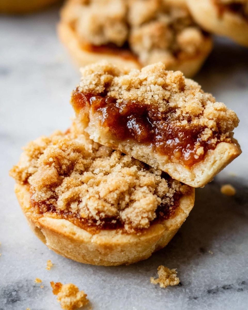 The image shows two small crumb-topped pastries on a white marbled surface. Each pastry has a golden-brown crust base, with a middle layer of glossy, caramelized fruit filling that looks thick and sticky, visible in one pastry that is cut open. The top layer is a thick, chunky crumb topping, golden in color with a rough texture, giving the pastries a rustic look. Some crumbs are scattered around on the surface. photo taken with an iphone --ar 4:5 --v 7