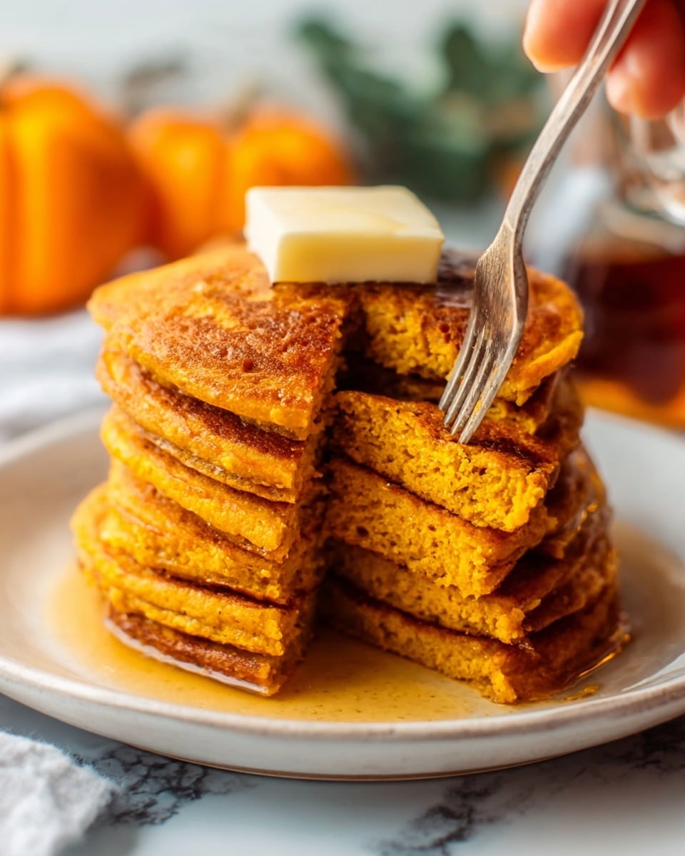 The image shows a stack of seven thick pumpkin pancakes on a white plate. Each pancake is golden brown with a slightly rough texture and warm orange tones from the pumpkin. A soft cube of melting butter rests on the top pancake, slowly spreading over the chain of layers. A white woman's hand gently holds a fork cutting through several pancakes at the front, showing the soft inside. The background has a white marbled texture with blurred hints of a pumpkin and syrup bottle. The photo taken with an iphone --ar 4:5 --v 7