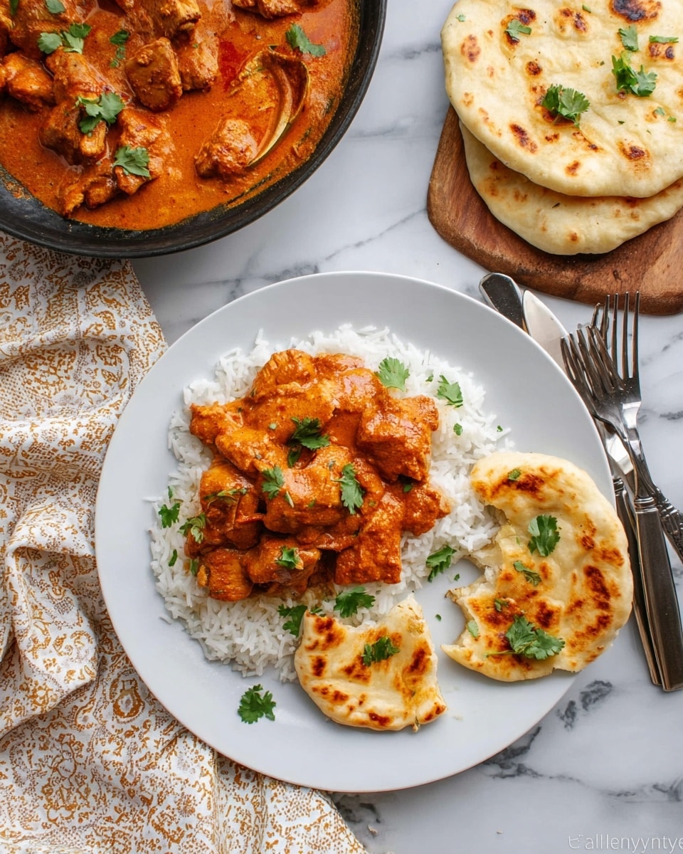 A white plate holds a serving of white rice topped with chunks of orange-brown curry chicken, garnished with small green cilantro leaves. To the right side of the plate, there are two pieces of golden-brown naan bread, one piece torn with a soft, fluffy inside visible. Above the plate, there is a black dish with more curry chicken in a thick orange sauce, also garnished with fresh cilantro leaves. The whole setup rests on a white marbled surface with a silver fork and knife placed beside the plate. A beige and white patterned cloth is folded nearby. photo taken with an iphone --ar 4:5 --v 7