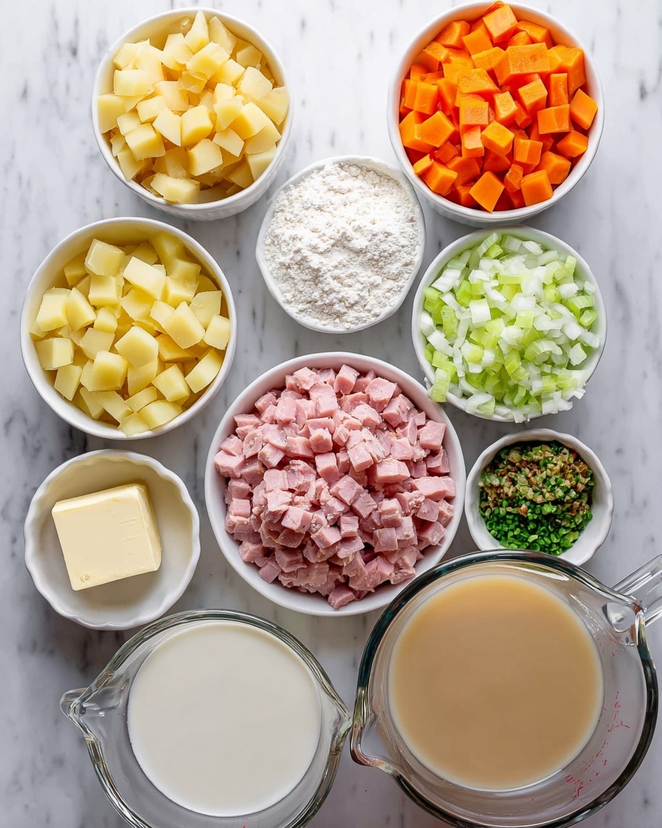 The image shows a top view of several small white bowls and two clear glass measuring cups arranged neatly on a white marbled surface. There are nine containers in total, each holding a different ingredient: one white bowl filled with cubed orange carrots at the top right, a white bowl with diced white onions just below it, and a white bowl containing a mix of green herbs and minced garlic to the right of the onion bowl. Below that is a white bowl with chopped green celery, and to the bottom left is a white bowl filled with diced yellow potatoes. At the center is a white bowl heaped with small pink cubes of ham. Above the ham, a white bowl holds flour, and to the far left, a smaller white bowl has a square of pale yellow butter. Finally, two large clear glass measuring cups contain a creamy white liquid and a light brown broth, placed on the bottom left and bottom right, respectively. All containers are neatly spaced, showing the variety of fresh ingredients. Photo taken with an iphone --ar 4:5 --v 7