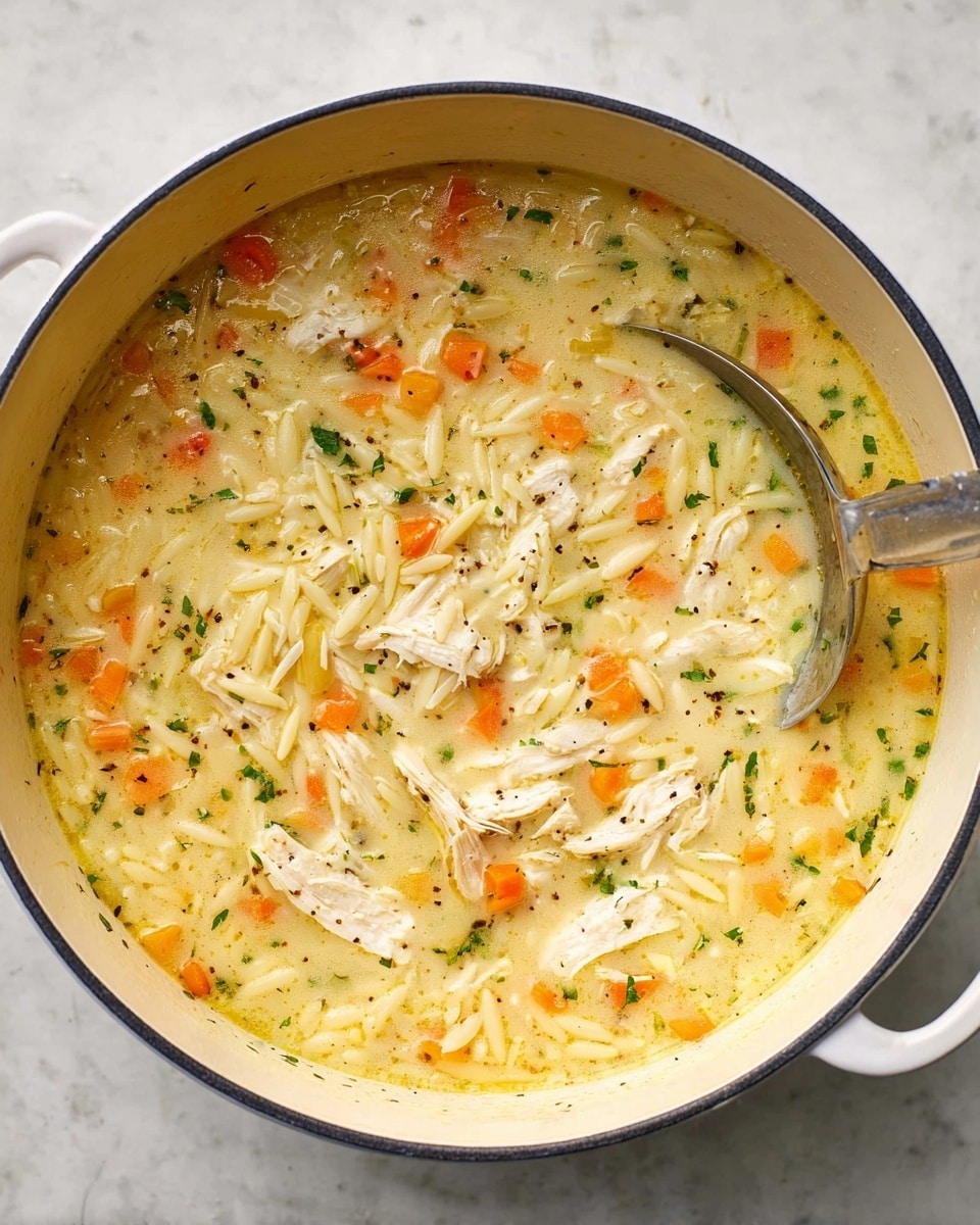 A large white pot filled with creamy chicken soup that has orzo pasta, shredded white chicken pieces, diced orange carrots, and small green herb bits. The soup has a light yellow broth with visible specks of black pepper, and a large silver ladle rests inside the pot, partially submerged in the soup. The pot is placed on a white marbled surface. photo taken with an iphone --ar 4:5 --v 7