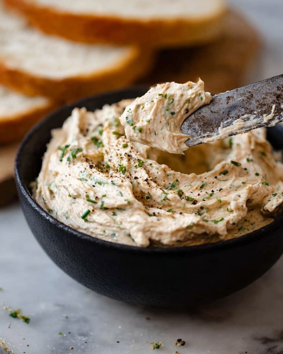 A black bowl filled with a creamy, light beige spread with small green herb pieces mixed in, giving it a textured look. The spread is thick and swirled, with some specks of black pepper visible on top. A knife with a rustic, worn metal blade is lifting a dollop of the spread from the bowl. In the blurred background, slices of white bread with the same spread smoothly spread on top are partially visible. The whole scene is set against a white marbled texture. photo taken with an iphone --ar 4:5 --v 7