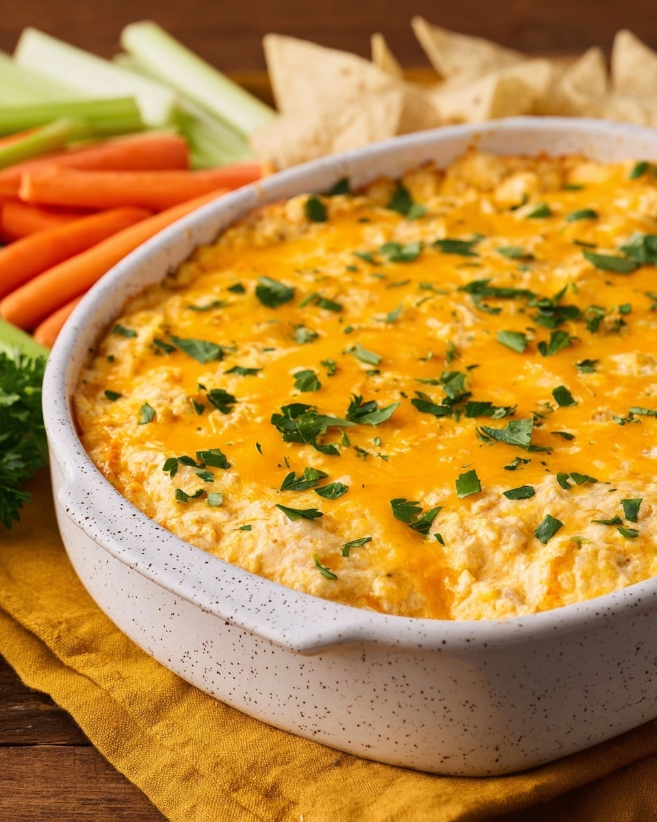 A close-up of a white speckled baking dish filled with a baked dip that has a creamy, slightly chunky texture and is covered in melted orange-yellow cheese. Green parsley bits are scattered on top, adding a fresh color contrast. The dish rests on a mustard-yellow cloth on a wooden table, surrounded by fresh carrot sticks, celery sticks, and white tortilla chips. The white marbled texture is not visible but imagined as background. photo taken with an iphone --ar 4:5 --v 7