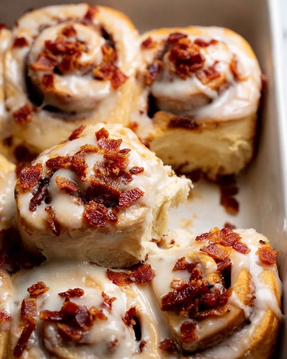 This image shows six cinnamon rolls in a white baking dish placed on a white marbled surface. Each cinnamon roll has a golden-brown dough base with visible cinnamon swirls inside and is covered by a creamy white icing layer that looks smooth and shiny. Small pieces of crispy, reddish-brown bacon are sprinkled generously on top of each roll, adding a crunchy contrast. The rolls are tightly packed, with one roll pulled slightly out from the middle, showing the layered swirl pattern clearly. The texture of the dough looks soft and fluffy, and the icing drips slightly down the sides of some rolls, creating an inviting and warm visual. photo taken with an iphone --ar 4:5 --v 7