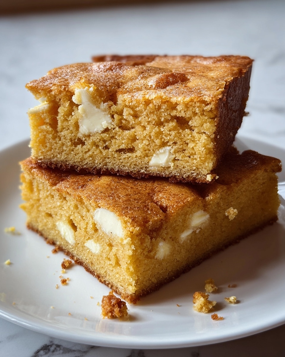 Two square slices of soft, golden-brown cake with a slightly crisp top layer are placed on a white plate over a white marbled surface. The cake has a dense, moist texture with visible bits of creamy white chunks evenly spread inside and on top. The edges of the cake are slightly darker, showing a thin, firmer crust. The crumbs scattered near the slices add a fresh-baked feel. Photo taken with an iphone --ar 4:5 --v 7