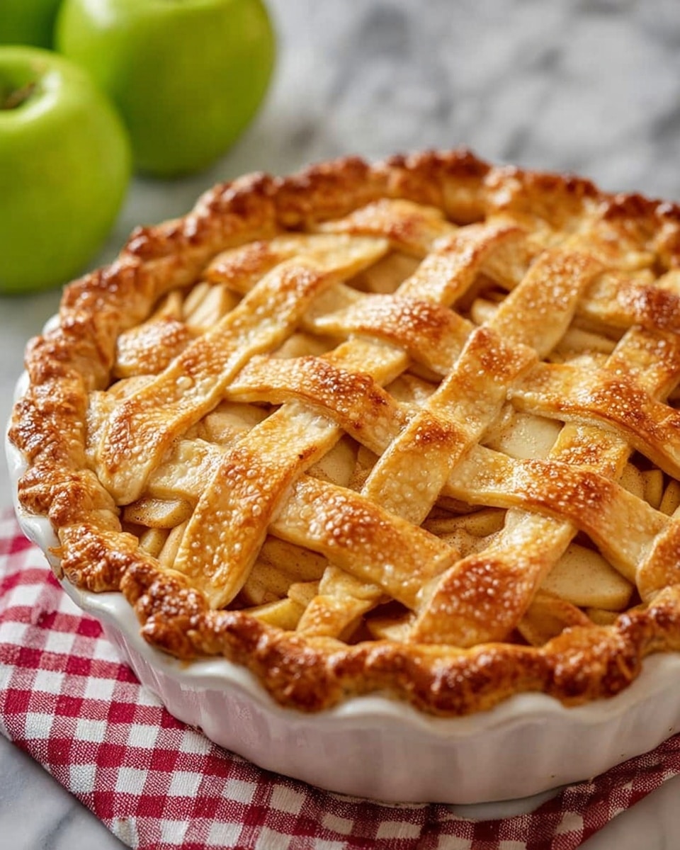 The image shows a golden brown apple pie with a lattice crust on top. The crust strips form a crisscross pattern with a shiny, slightly sugar-coated surface. Inside the pie, you can see soft light brown apple slices layered evenly. The pie is in a white plate, placed on a white marbled surface with two green apples and cinnamon sticks nearby. A white and black checkered cloth and a metal spatula are in the background. Photo taken with an iphone --ar 4:5 --v 7