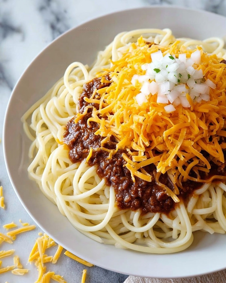 A white plate filled with a base layer of thick spaghetti noodles that are pale yellow and slightly shiny. On top, there is a layer of dark brown chili sauce covering the middle of the noodles. Above the chili sauce, bright orange shredded cheddar cheese is spread thickly and generously. At the very top, there is a small pile of finely chopped white onions, adding a fresh and crisp texture. The plate is placed on a white marbled surface with some cheese scattered nearby. photo taken with an iphone --ar 4:5 --v 7