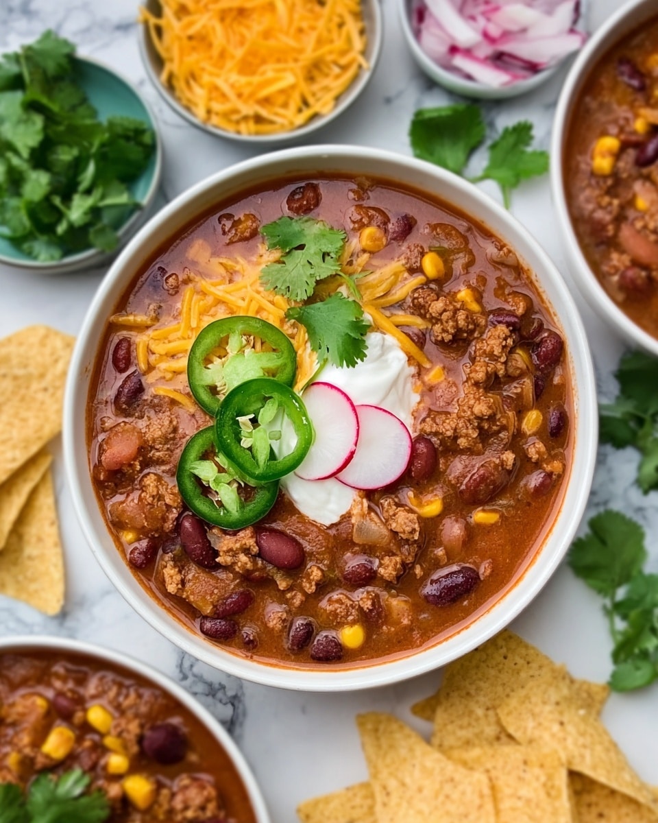 The image shows a white bowl filled with a rich, thick chili stew made of dark brown beans, ground meat, and yellow corn kernels. On top, there is a dollop of white sour cream, two green jalapeño slices, and a small bunch of fresh green cilantro leaves. A thin slice of pinkish white radish rests near the cilantro. Around the bowl, there are other white bowls filled with bright yellow shredded cheese, dark brown chili, and pale golden tortilla chips. The background surface is white with a marbled texture. photo taken with an iphone --ar 4:5 --v 7