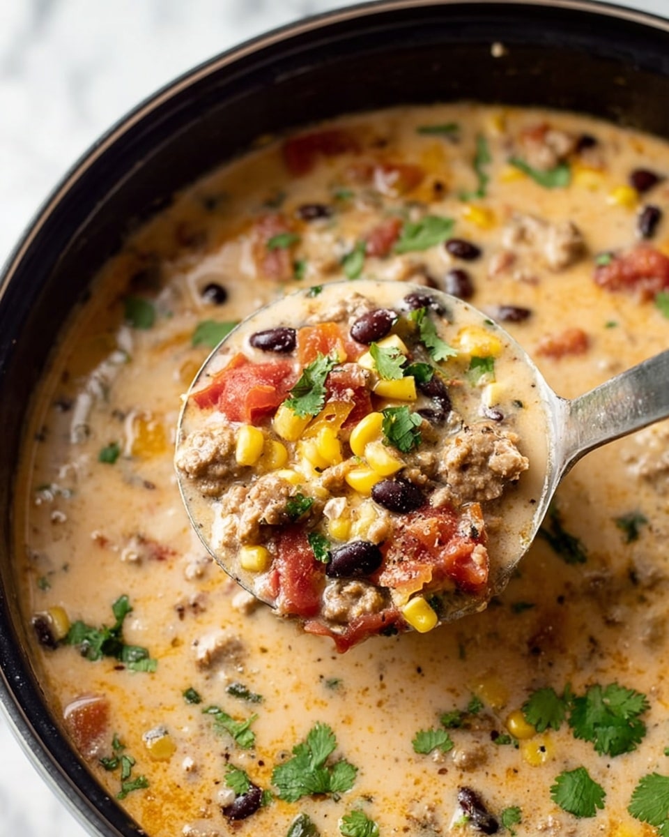 A close-up image of a creamy soup in a black pot, showing a ladle lifting a scoop full of chunky ingredients including yellow corn kernels, black beans, tomatoes, and pieces of ground meat, all mixed in a smooth light beige creamy broth. Fresh green cilantro leaves float on top of the soup, adding splashes of color. The textures vary from smooth broth to soft beans and slightly firm corn and meat bits. The soup fills the pot to the edge, and the ladle is held by a woman's hand. The background is a white marbled texture. photo taken with an iphone --ar 4:5 --v 7