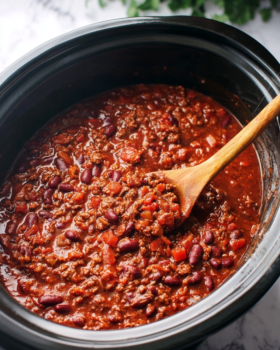 The image shows a black oval slow cooker filled with a thick chili. The chili has many small pieces of ground meat mixed with kidney beans and a rich red sauce. Some chopped green herbs are sprinkled on top, adding color contrast. A metal spoon is resting on the edge of the cooker, partially in the chili. The background is a white marbled surface. Photo taken with an iphone --ar 4:5 --v 7
