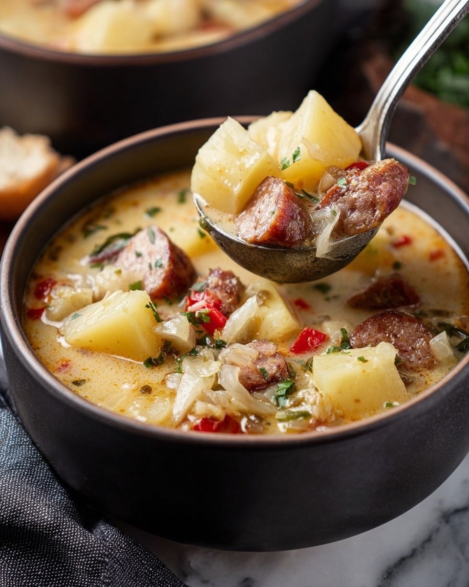 A dark bowl filled with creamy potato soup showing large yellow potato cubes, slices of browned sausage, small bits of onion, and red pepper pieces mixed in a light beige broth; a metal ladle is lifting a portion above the bowl, displaying the chunky ingredients soaked in the soup; the bowl sits on a white marbled surface with a dark cloth nearby. photo taken with an iphone --ar 4:5 --v 7
