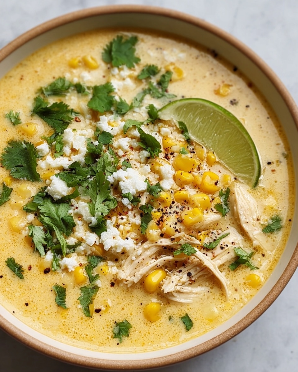 Two white bowls filled with creamy soup are shown from above, placed on a white marbled surface. Each bowl has three visible layers; the bottom layer is a smooth, pale cream-colored soup, topped with a layer of bright yellow corn kernels and small pieces of green herbs, and the top layer is sprinkled with reddish-brown spices and tiny bits of black pepper. A woman's hand is holding a white cloth with red stripes under the bowls. Lime wedges and a small bowl of white cheese cubes are placed casually around the bowls for decoration. Photo taken with an iphone --ar 4:5 --v 7