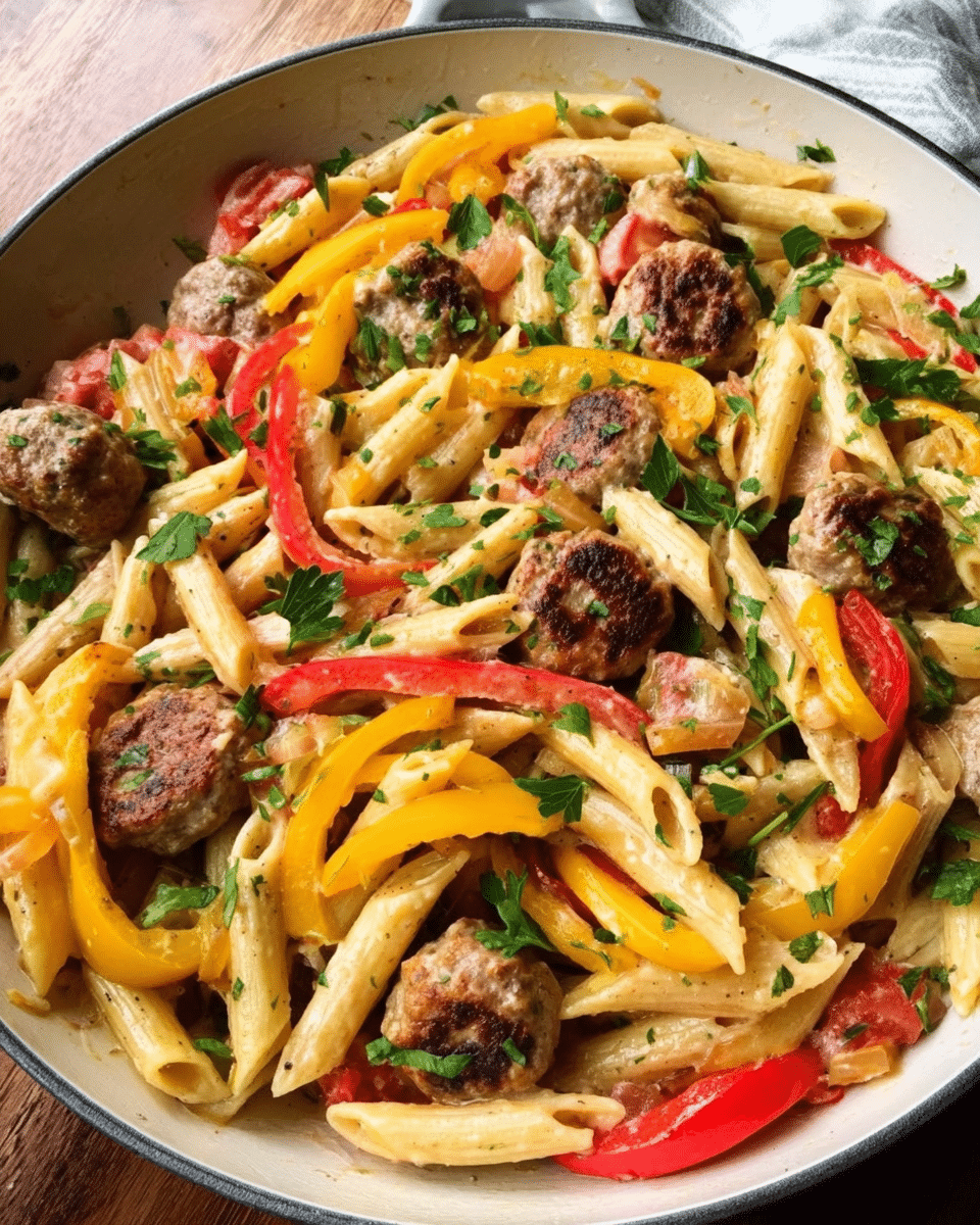 The image shows a white pan filled with a creamy pasta dish made of penne noodles mixed with meatballs, sliced yellow and red bell peppers, and small pieces of red tomato. Green parsley leaves are scattered on top, adding a touch of fresh color. The pasta looks coated in a light sauce that gives a soft shine to the noodles and vegetables. Photo taken with an iphone --ar 4:5 --v 7
