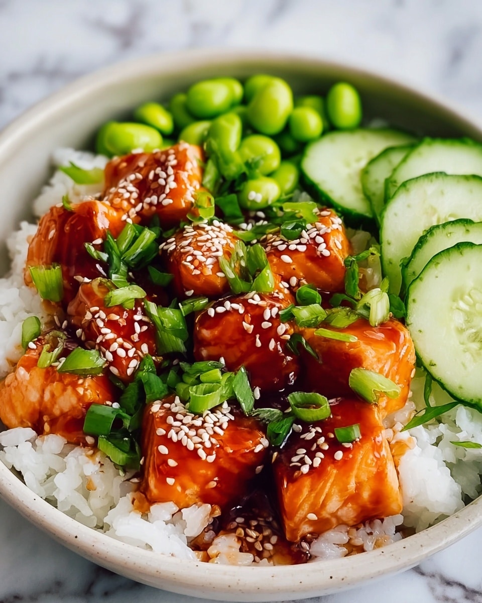 A white bowl filled with a base layer of soft white rice, topped with several glossy, orange-brown glazed salmon cubes covered in a shiny sauce and sprinkled with white sesame seeds; bright green chopped scallions and a few whole edamame beans are scattered over the salmon, while fresh cucumber slices with light green skin sit to one side, all set against a white marbled texture background. photo taken with an iphone --ar 4:5 --v 7