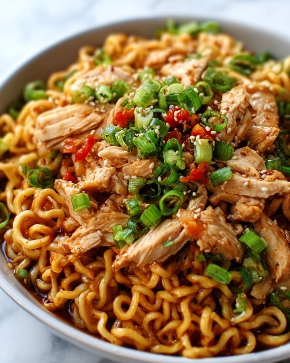 A close-up image shows a dish with two main layers. The bottom layer is made of curly, golden brown noodles that look soft and slightly shiny from sauce. On top, there are pieces of cooked chicken that are light brown with a tender texture. Scattered over the chicken and noodles are chopped green onions, small red bits resembling chopped chili or peppers, and a sprinkle of sesame seeds. The dish is served in a white bowl, and the background is a white marbled surface. Photo taken with an iphone --ar 4:5 --v 7