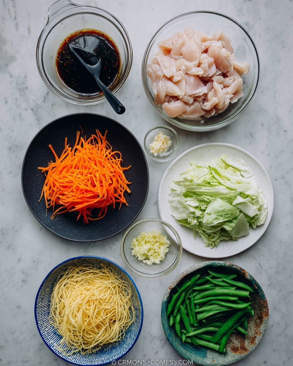 The image shows seven bowls with ingredients for a meal placed on a white marbled surface. Starting from the top left, there is a glass bowl with a dark sauce and a black spoon inside it. To its right is a clear glass bowl filled with raw, pale pink sliced chicken. Below the sauce is a black plate with bright orange julienned carrots. Near the center is a small clear glass bowl with finely chopped garlic. To the right is a white plate holding fresh, green chopped long beans. Below the garlic is a glass measuring cup filled with light, thin cabbage strips. At the bottom left, there is a blue and white bowl holding a nest of uncooked thin yellow noodles. At the bottom right is a decorative bowl with fresh green onions cut into segments. photo taken with an iphone --ar 4:5 --v 7