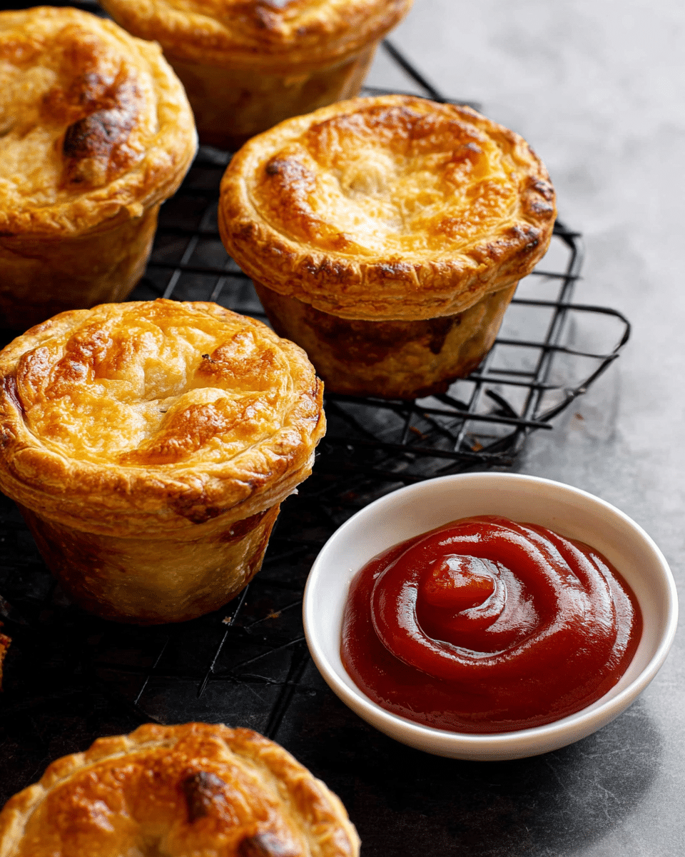 A close-up of six small meat pies with golden-brown flaky crusts, each showing about two layers: a thicker bottom crust and a top crust with a slightly uneven, crispy texture. They are placed on a black wire cooling rack over a white marbled surface. In the foreground, there is a small white round dish filled with smooth, shiny red ketchup with a gentle swirl pattern on the surface. The pies have a warm, freshly baked look with some slight browning marks, and one pie is slightly lifted, showing a glimpse of the dark filling inside. Photo taken with an iphone --ar 4:5 --v 7